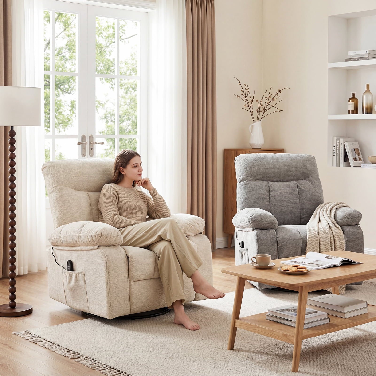 JIOABL Swivel Rocker Recliner Chair with Massage and Heat, Adjustable Recline, Chenille Fabric