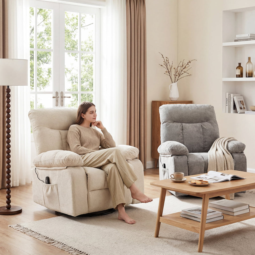 JIOABL Swivel Rocker Recliner Chair with Massage and Heat, Adjustable Recline, Chenille Fabric