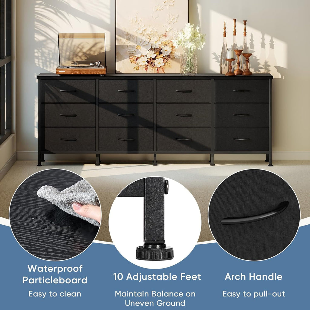 JIOABL TV Stand with 12 Fabric Drawers, Metal Frame Storage Stand with Adjustable feet and Anti-Tip
