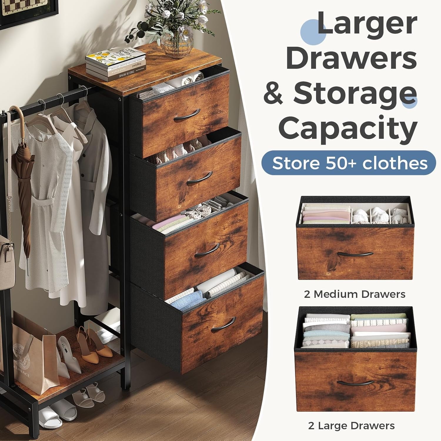 JIOABL 4 Drawer Dresser with Hanging Rack, Steel Frame, Fabric Drawers, Tall Storage Organizer for Bedroom