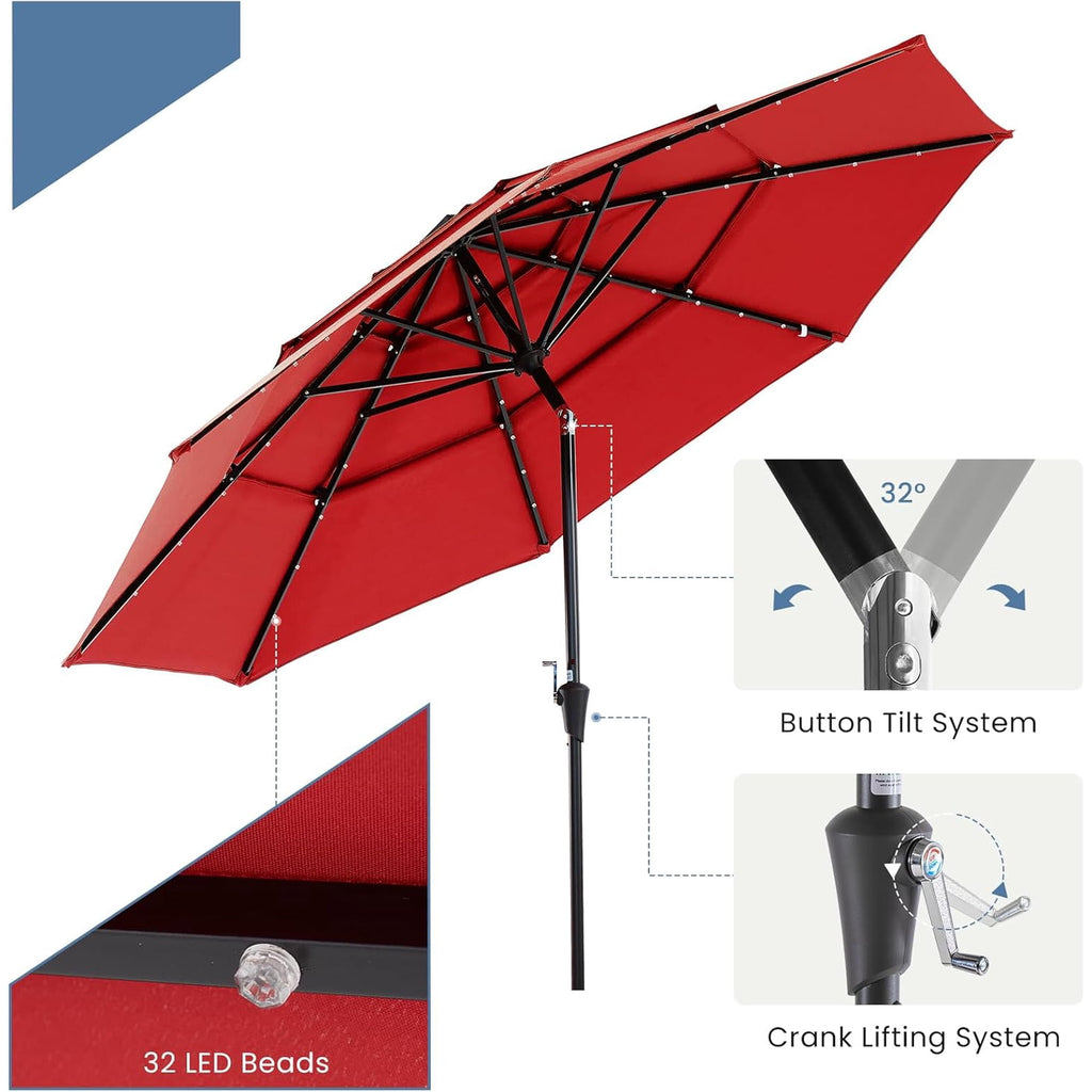 JIOABL 10FT Solar LED Patio Umbrella with Tilt & Vent, 32 LED Lights, 8 Ribs, UV-Resistant & Water-Resistant for Garden, Deck, Patio