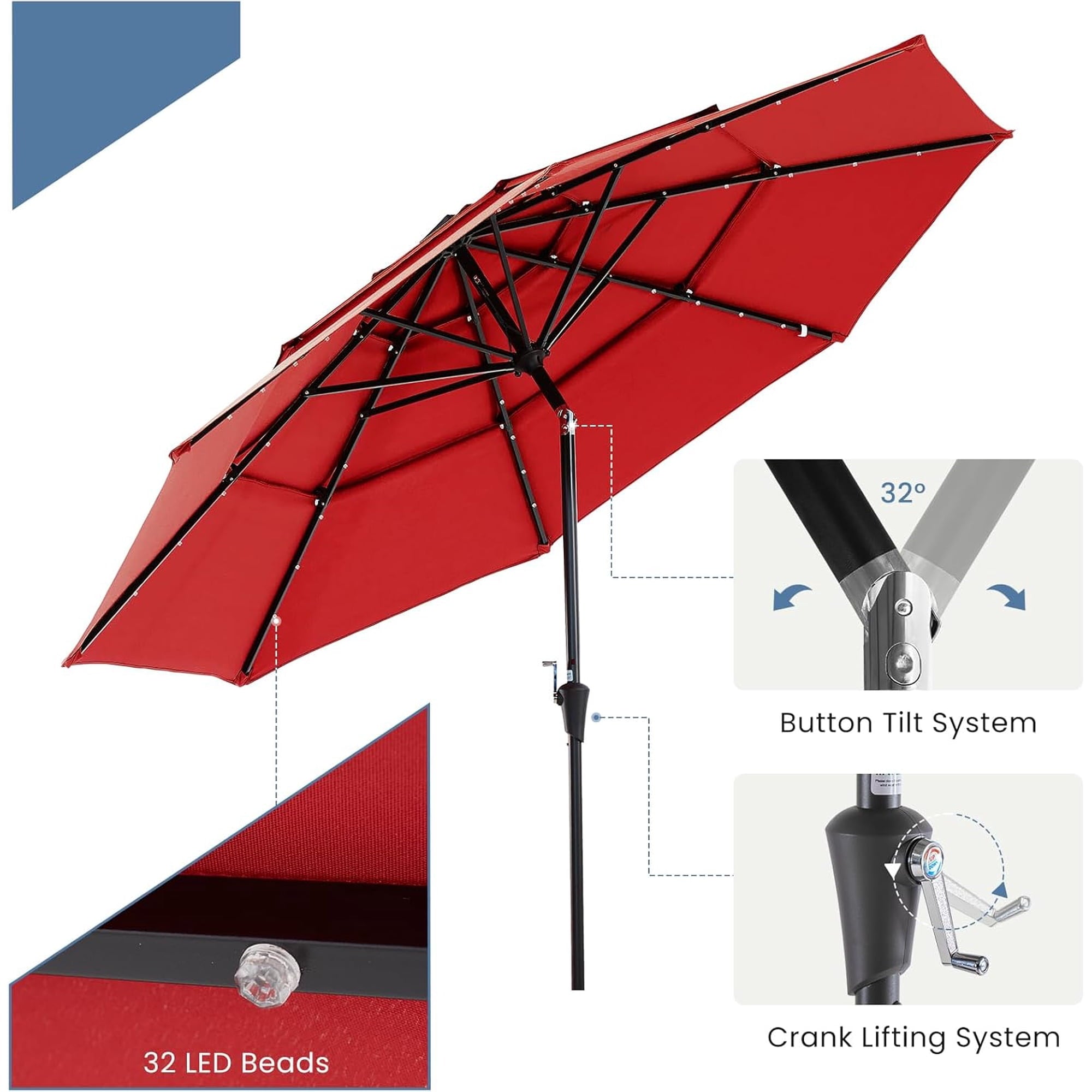 JIOABL 10FT Solar LED Patio Umbrella with Tilt & Vent, 32 LED Lights, 8 Ribs, UV-Resistant & Water-Resistant for Garden, Deck, Patio
