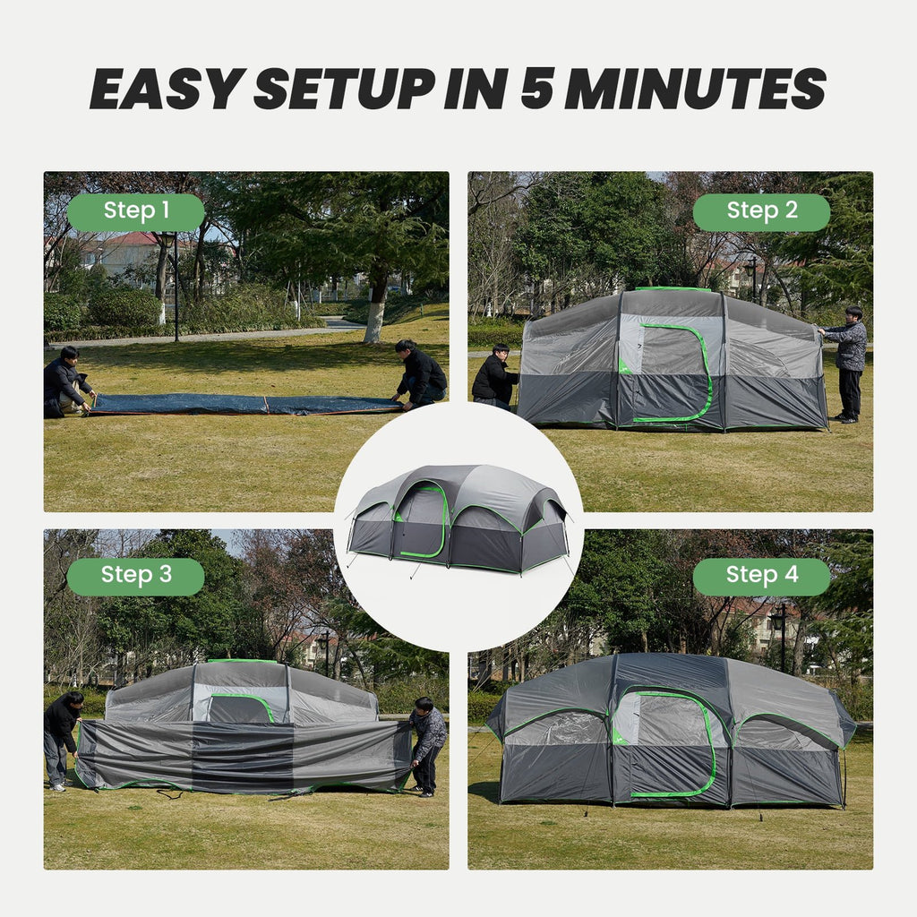 JIOABL 8 Person Camping Tent with Room Divider, Waterproof Polyester, Easy Setup, Portable with Carry Bag, Stakes & Ropes for Outdoor Camping