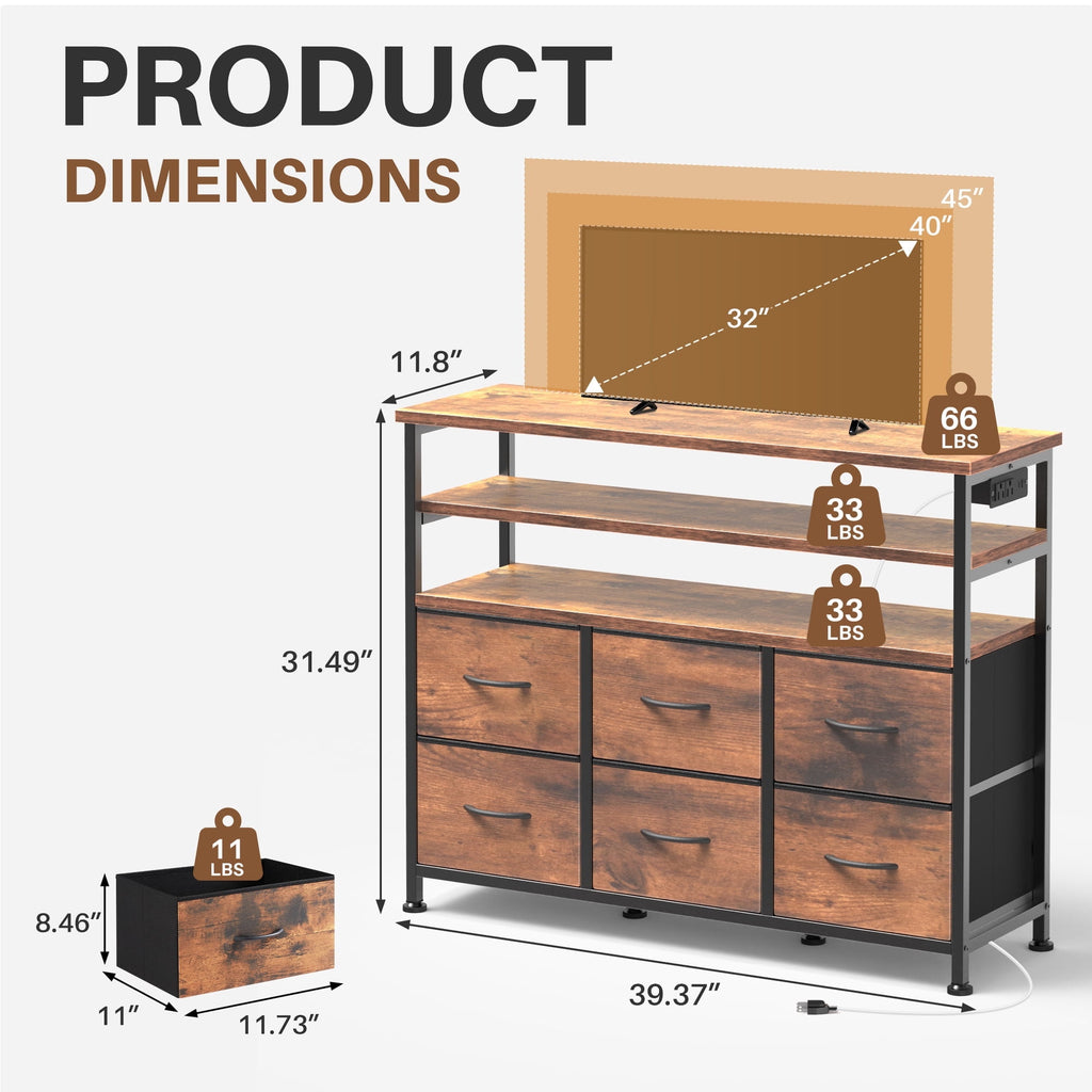 JIOABL TV Stand with  Fabric Drawers & Power Outlet, LED TV Console with USB & Type-C, Storage Dresser for Living Room