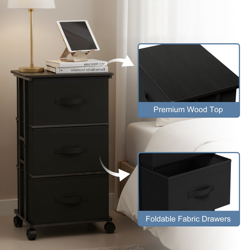 JIOABL Dresser Storage with 3 Drawers, Fabric Tower, Vertical Storage Unit with Wheels & Adjustable Handles for Bedroom, Closet, Office