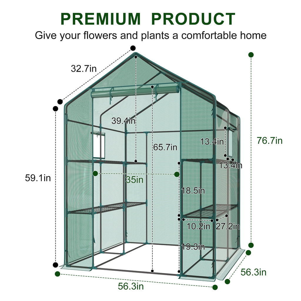 JIOABL 3-Tier Walk-In Greenhouse with PE Cover, Roll-Up Zipper Door & Side Windows, Steel Frame, Outdoor Plant Greenhouse for Garden, Patio, Green