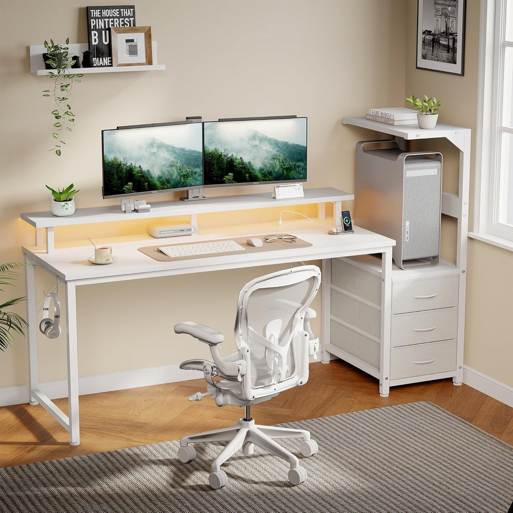 JIOABL Gaming Desk with RGB LED, Built-in Charging Station, Ergonomic Monitor Stand, Storage Drawers, Reversible Shelf, for Teens & Adults