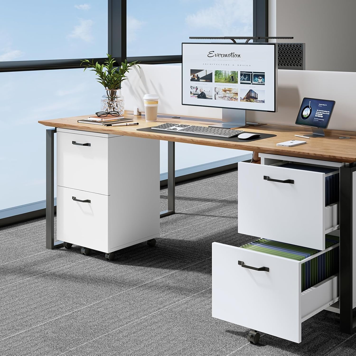 JIOABL 2 Drawer Rolling File Cabinet with Lockable Wheels, Mobile Printer Stand with Storage, Steel Frame, 1 Set