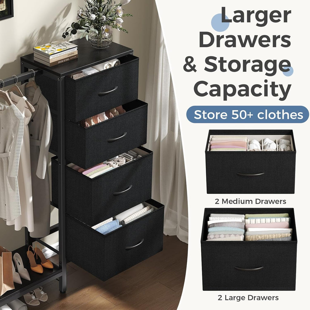 JIOABL 4 Drawer Dresser with Hanging Rack, Steel Frame, Fabric Drawers, Tall Storage Organizer for Bedroom
