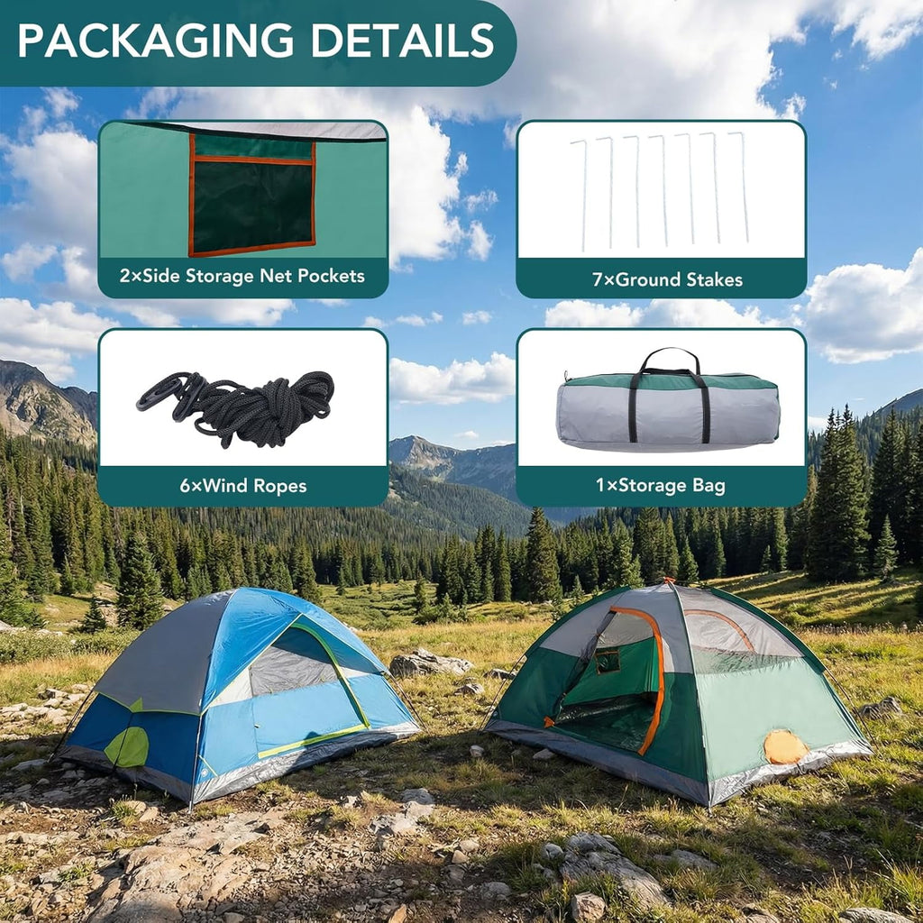 JIOABL Dome Camping Tent, Waterproof Polyester with Rainfly, Easy Setup, Ventilated Windows & Skylights, Portable Backpacking Tent