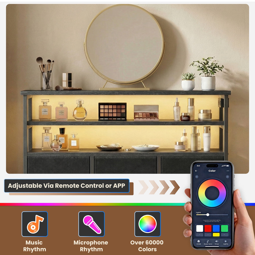 JIOABL TV Stand with  Fabric Drawers & Power Outlet, LED TV Console with USB & Type-C, Storage Dresser for Living Room