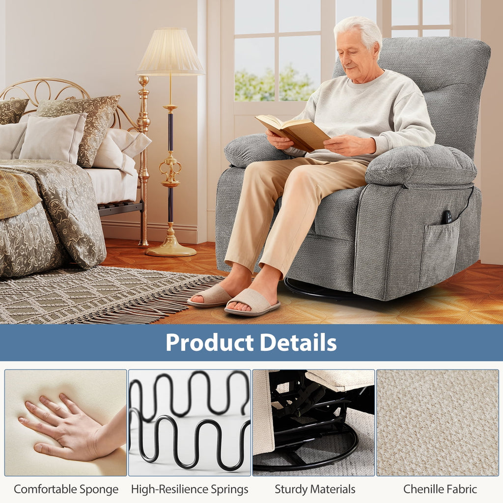 JIOABL Swivel Rocker Recliner Chair with Massage and Heat, Adjustable Recline, Chenille Fabric