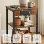JIOABL 3-Tier Side Table with USB & AC Charging Station, Adjustable Shelves, Multi-Use for Living Room & Bedroom