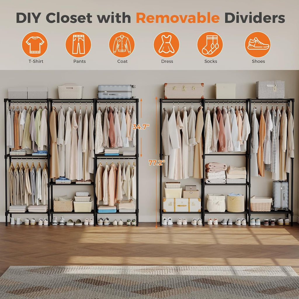 JIOABL Portable Clothes Rack with Shelves, Freestanding Closet Organizer with Hanging Rods for Bedroom, Entryway