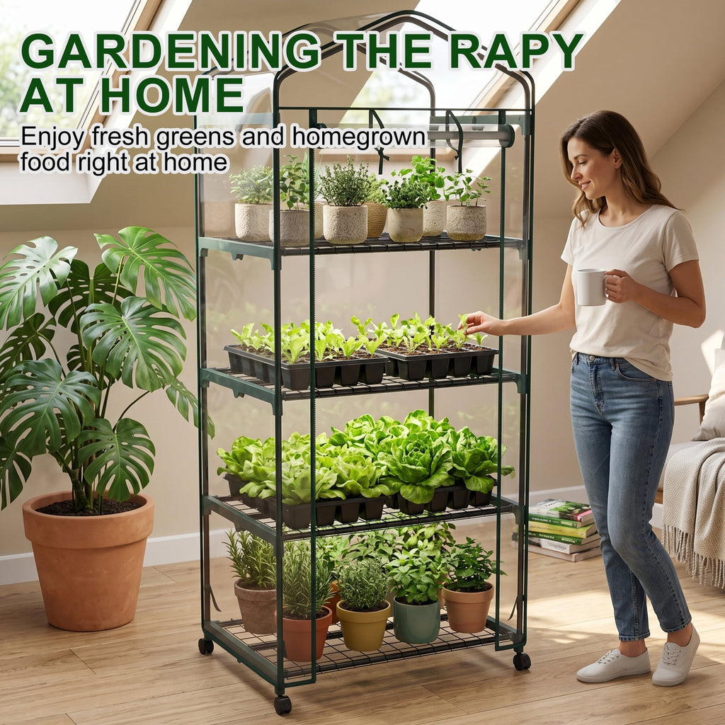 JIOABL 4-Tier Mini Greenhouse with Clear PVC Cover & Wheels, Portable Plant Grow House with Zipper Door, Steel Frame for Indoor & Outdoor Garden, Clear