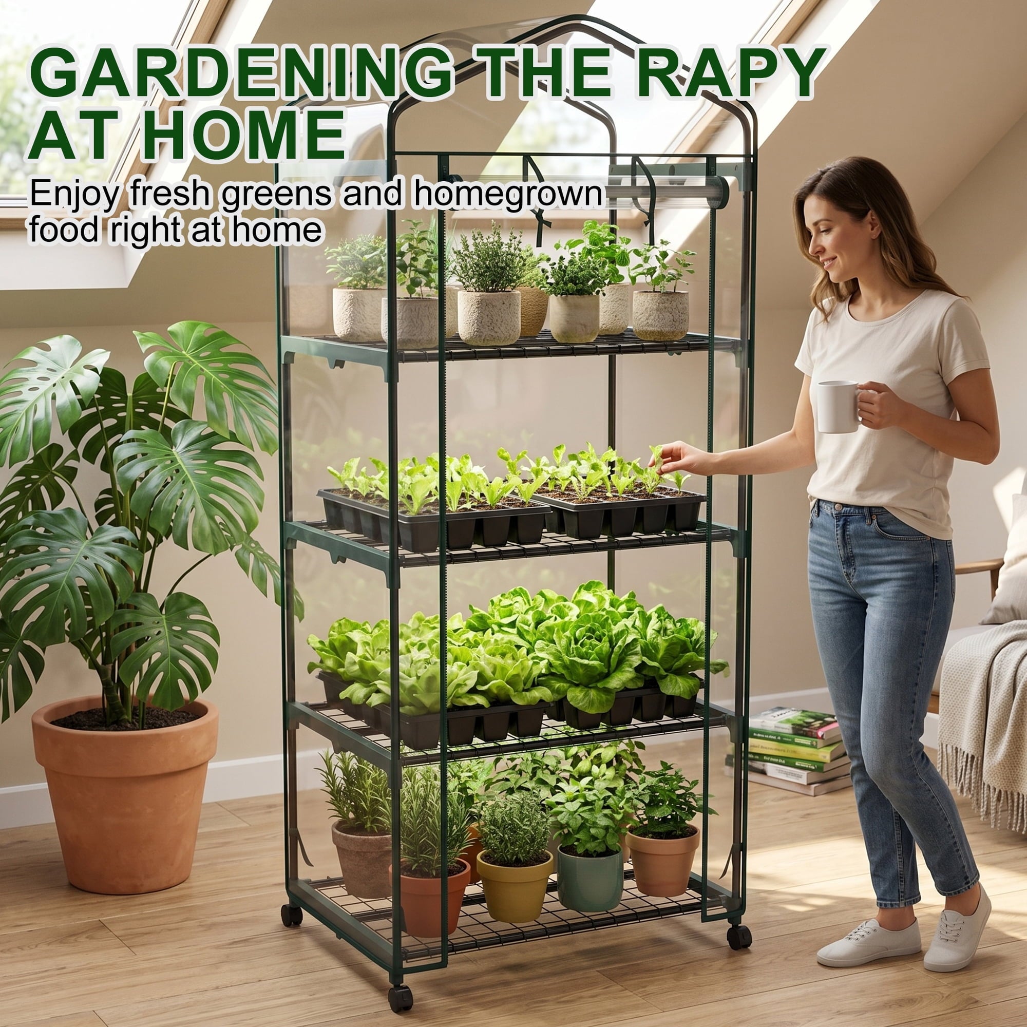 JIOABL 4-Tier Mini Greenhouse with Clear PVC Cover & Wheels, Portable Plant Grow House with Zipper Door, Steel Frame for Indoor & Outdoor Garden, Clear
