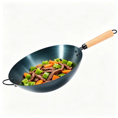 JIOABL 13.5 In Carbon Steel Wok, Pre-Seasoned Stir Fry Pan with Wooden Handle, Flat Bottom for Gas Induction Grill Campfire, Black