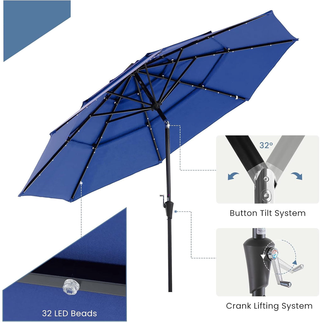 JIOABL 10FT Solar LED Patio Umbrella with Tilt & Vent, 32 LED Lights, 8 Ribs, UV-Resistant & Water-Resistant for Garden, Deck, Patio