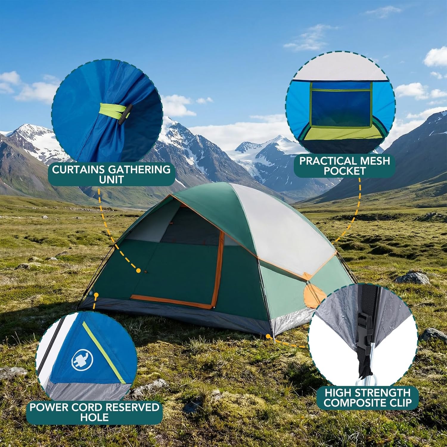 JIOABL Dome Camping Tent, Waterproof Polyester with Rainfly, Easy Setup, Ventilated Windows & Skylights, Portable Backpacking Tent