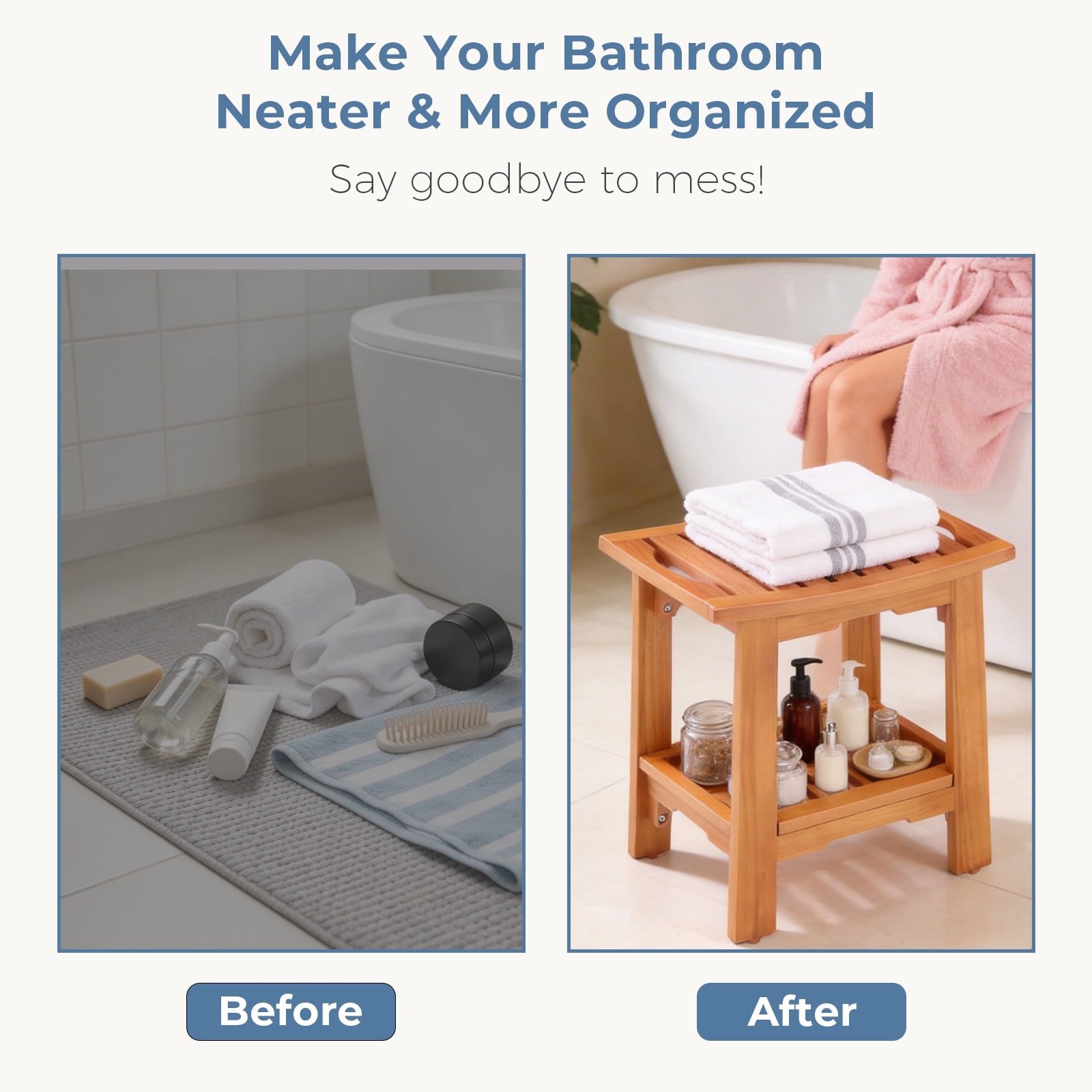 JIOABL Pine Wood Shower Bench, 250lbs Capacity, Waterproof, Non-Slip, Adjustable, for Indoor & Outdoor Use - Natural Finish