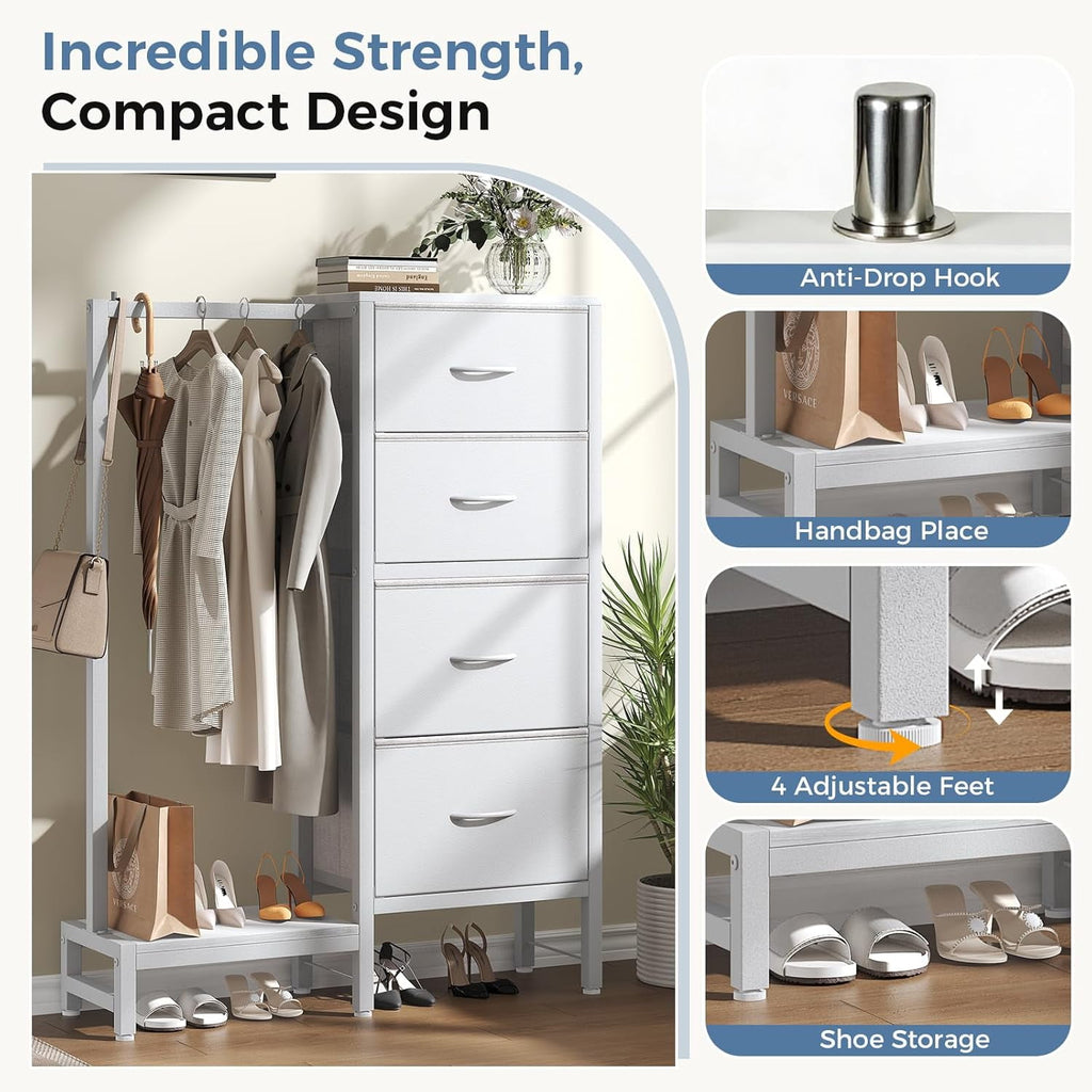 JIOABL 4 Drawer Dresser with Hanging Rack, Steel Frame, Fabric Drawers, Tall Storage Organizer for Bedroom