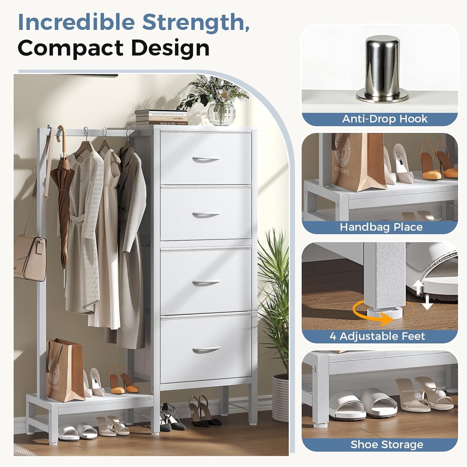 JIOABL 4 Drawer Dresser with Hanging Rack, Steel Frame, Fabric Drawers, Tall Storage Organizer for Bedroom