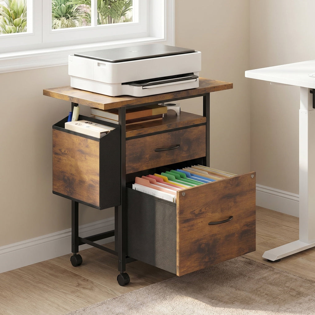 JIOABL Rolling Printer Stand with 2 Fabric Drawers, Storage Shelf, Side Organizer Bag and Lockable Wheels for Home Office