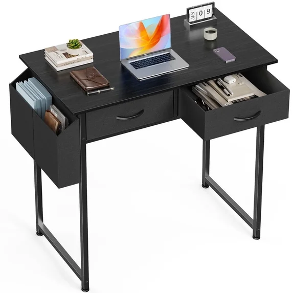 JIOABL Small Desk with 2 Drawers 32 Inch Bedroom Kids Student Vanity Home Office Computer PC Table with Fabric Storage Bag, Study Writing Wood Deskboard for Small Spaces,White