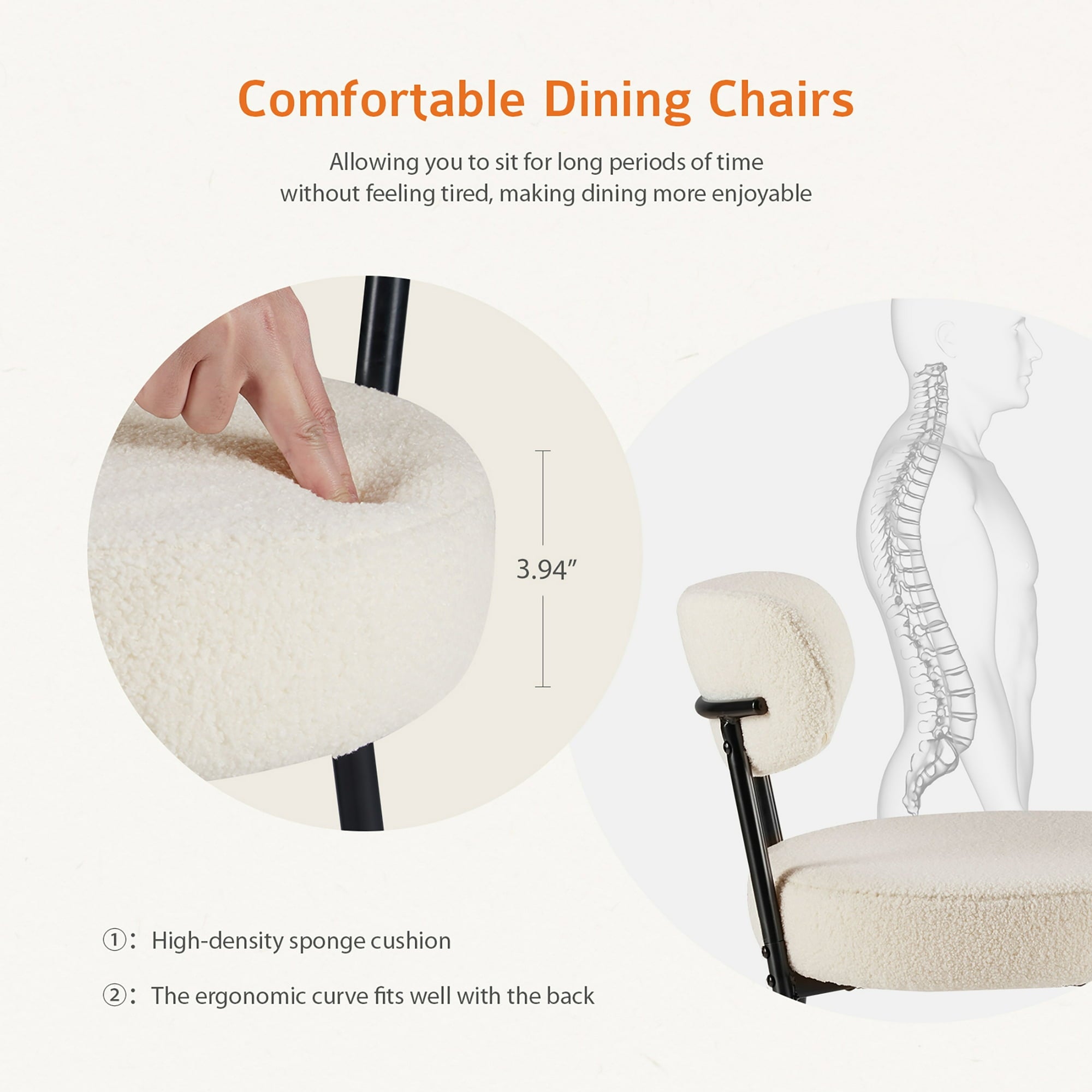 JIOABL Dining Chairs, Boucle Upholstered Kitchen Chairs with Curved Backrest & Metal Legs, Mid Century Modern Round Dining Room Chairs for Vanity, Living Room