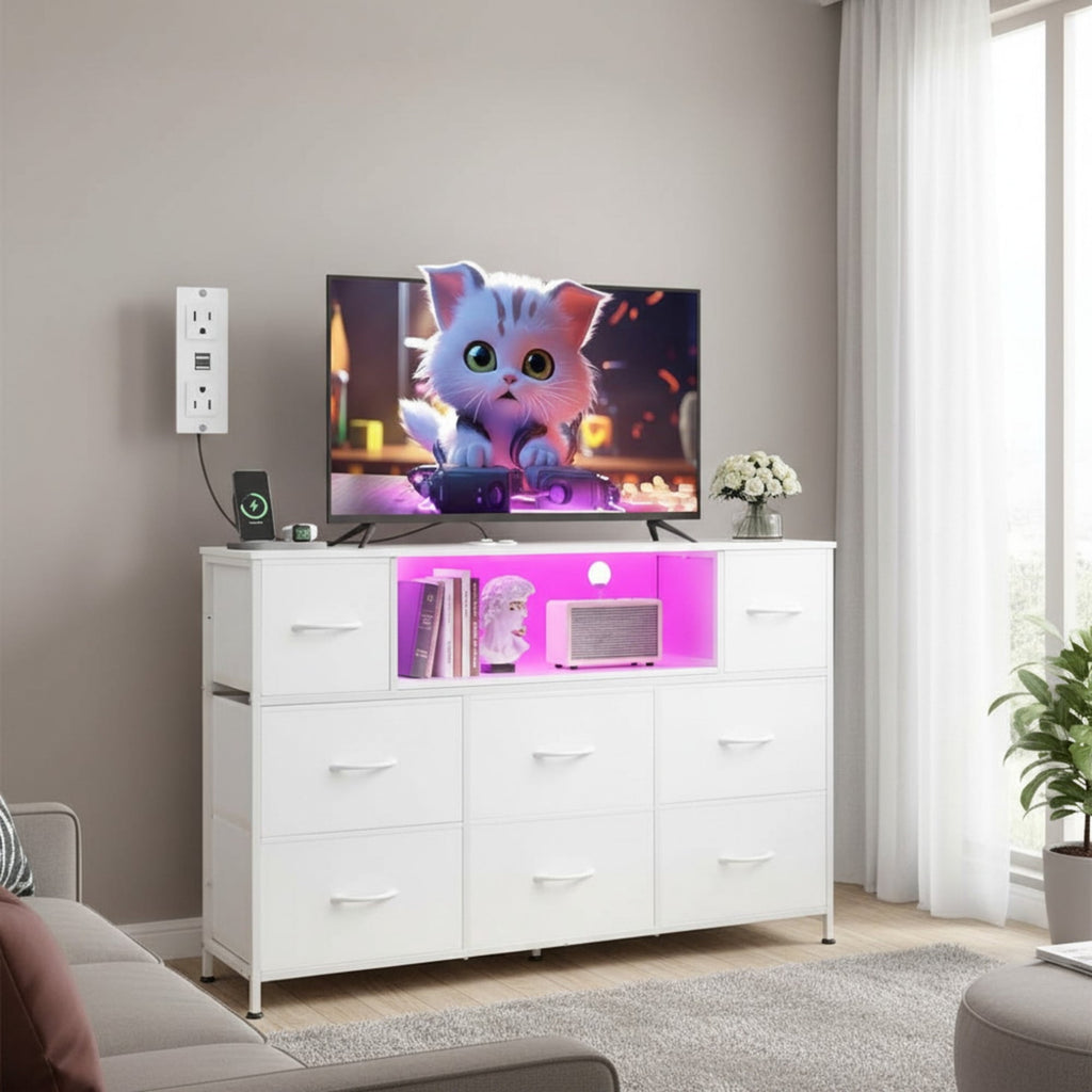 JIOABL TV Stand with  Fabric Drawers & Power Outlet, LED TV Console with USB & Type-C, Storage Dresser for Living Room