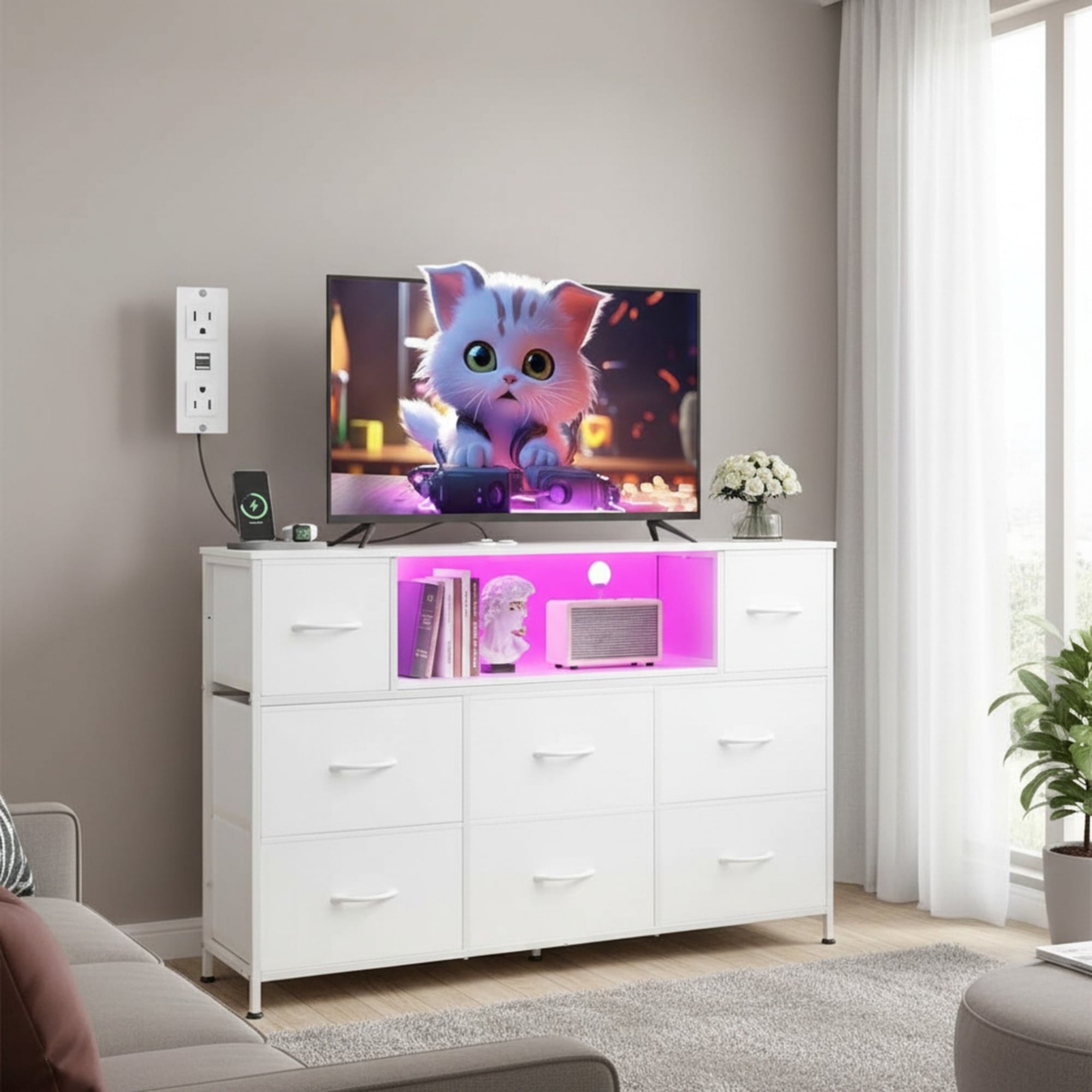 JIOABL TV Stand with  Fabric Drawers & Power Outlet, LED TV Console with USB & Type-C, Storage Dresser for Living Room
