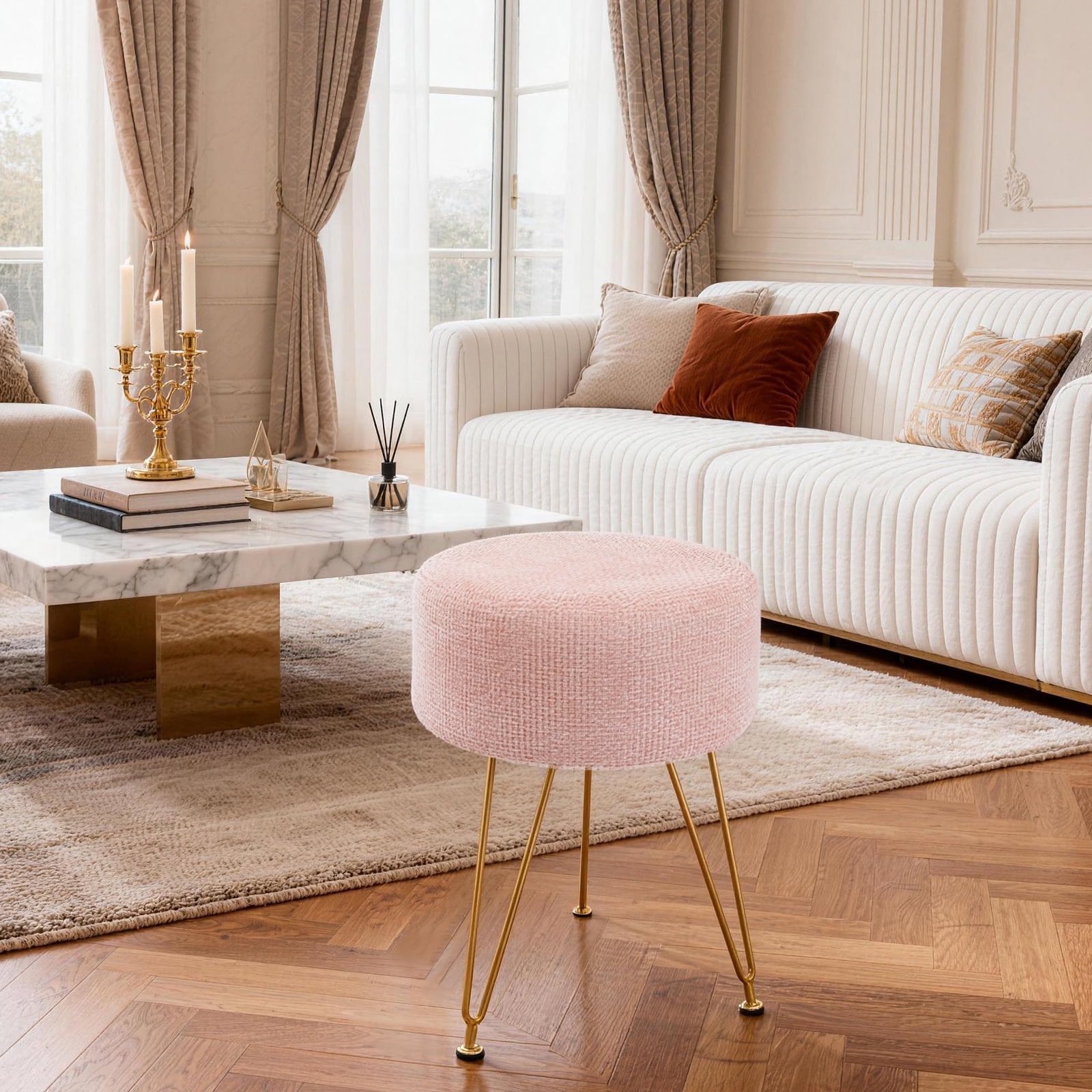 JIOABL Ottoman Foot Stool & Vanity Stool, 350lbs Capacity, Thick Cushion, Gold Metal Legs, for Bedroom & Living Room