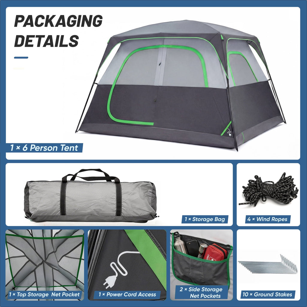 JIOABL 6 Person Camping Tent with Rainfly, Waterproof Polyester, Easy Setup, Portable with Carry Bag, Stakes & Ropes for Outdoor Camping