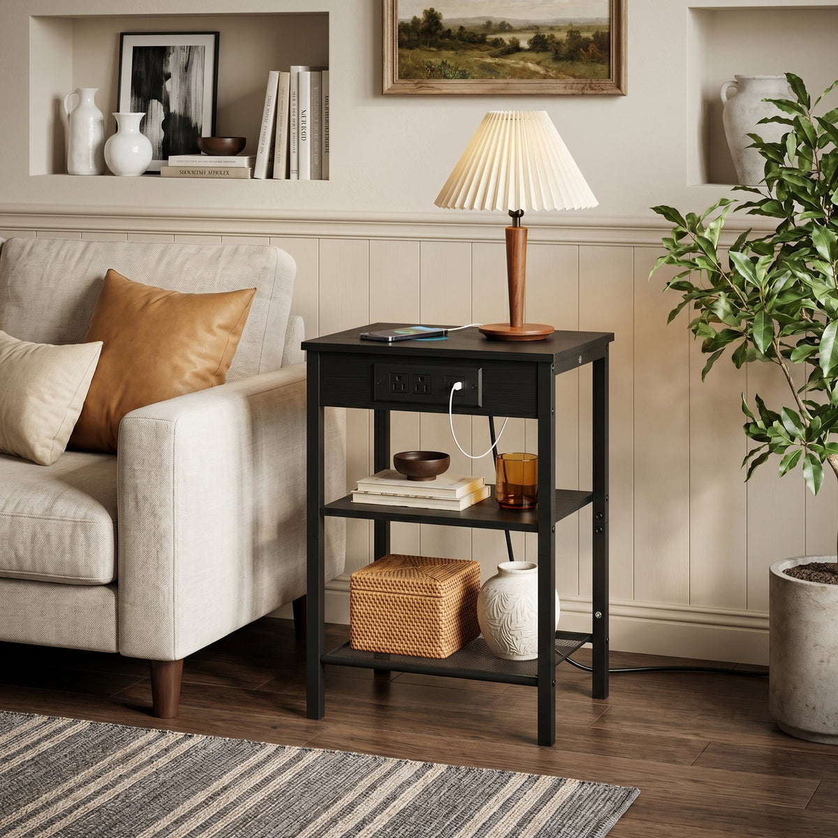 JIOABL 3-Tier Side Table with USB & AC Charging Station, Adjustable Shelves, Multi-Use for Living Room & Bedroom