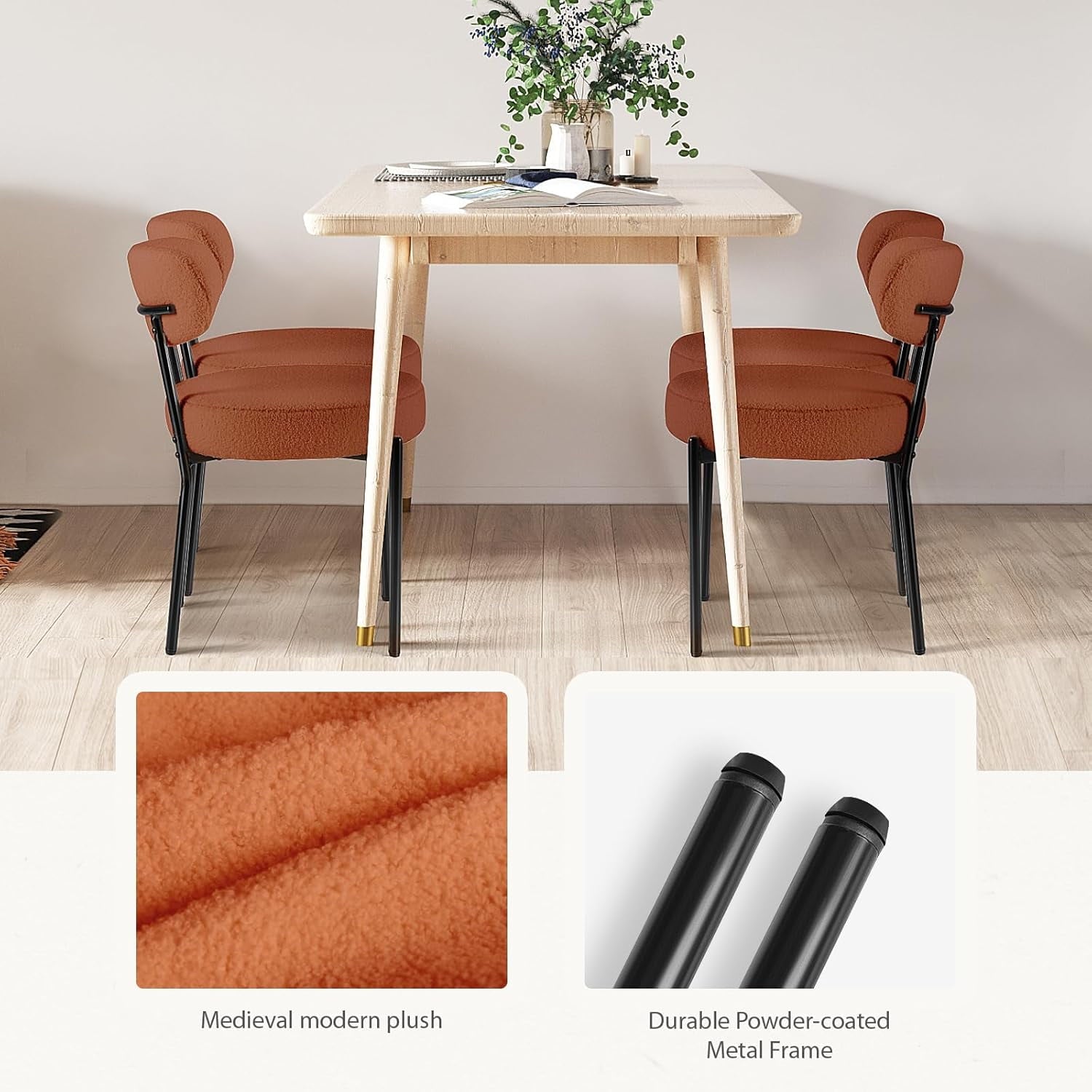 JIOABL Dining Chairs, Boucle Upholstered Kitchen Chairs with Curved Backrest & Metal Legs, Mid Century Modern Round Dining Room Chairs for Vanity, Living Room