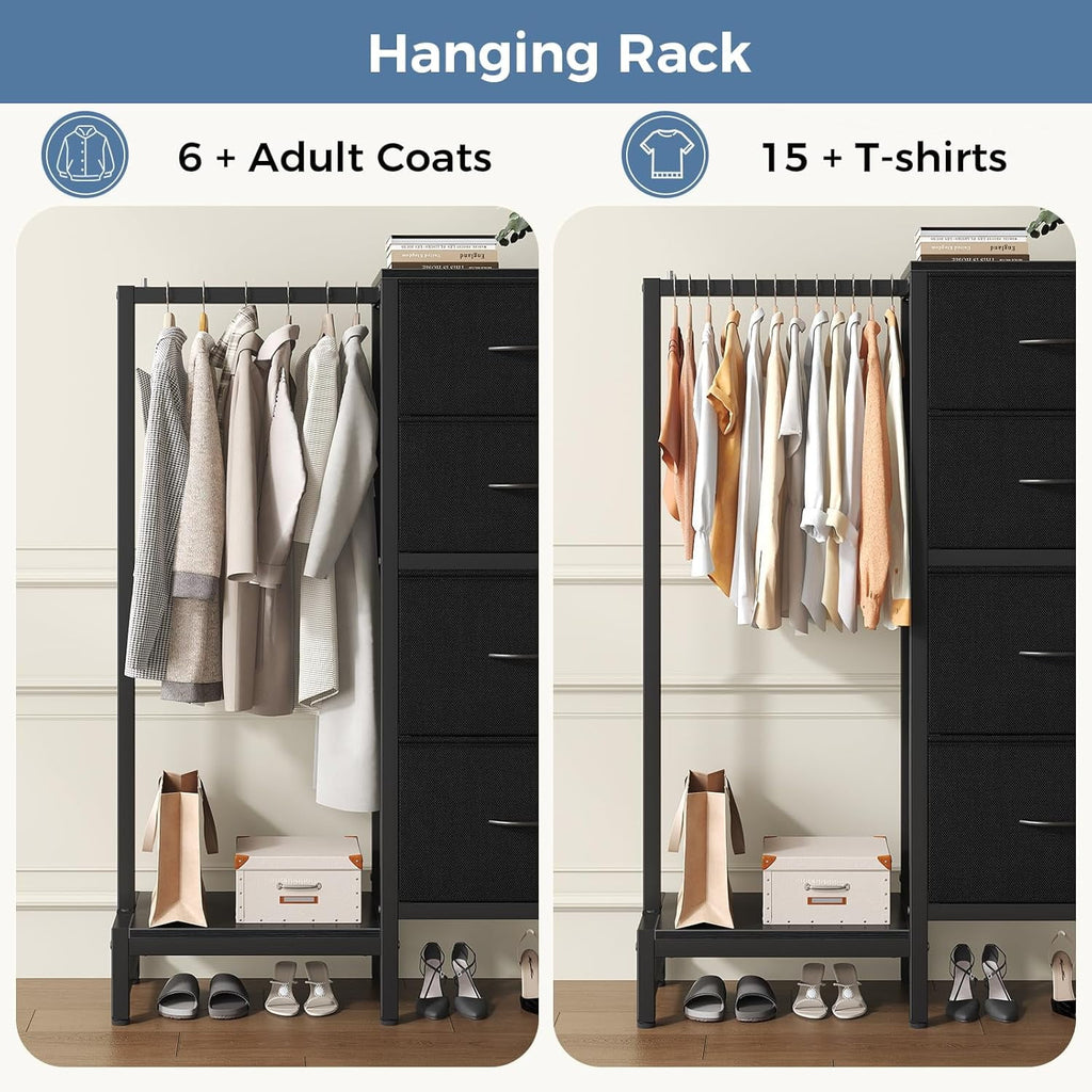 JIOABL 4 Drawer Dresser with Hanging Rack, Steel Frame, Fabric Drawers, Tall Storage Organizer for Bedroom