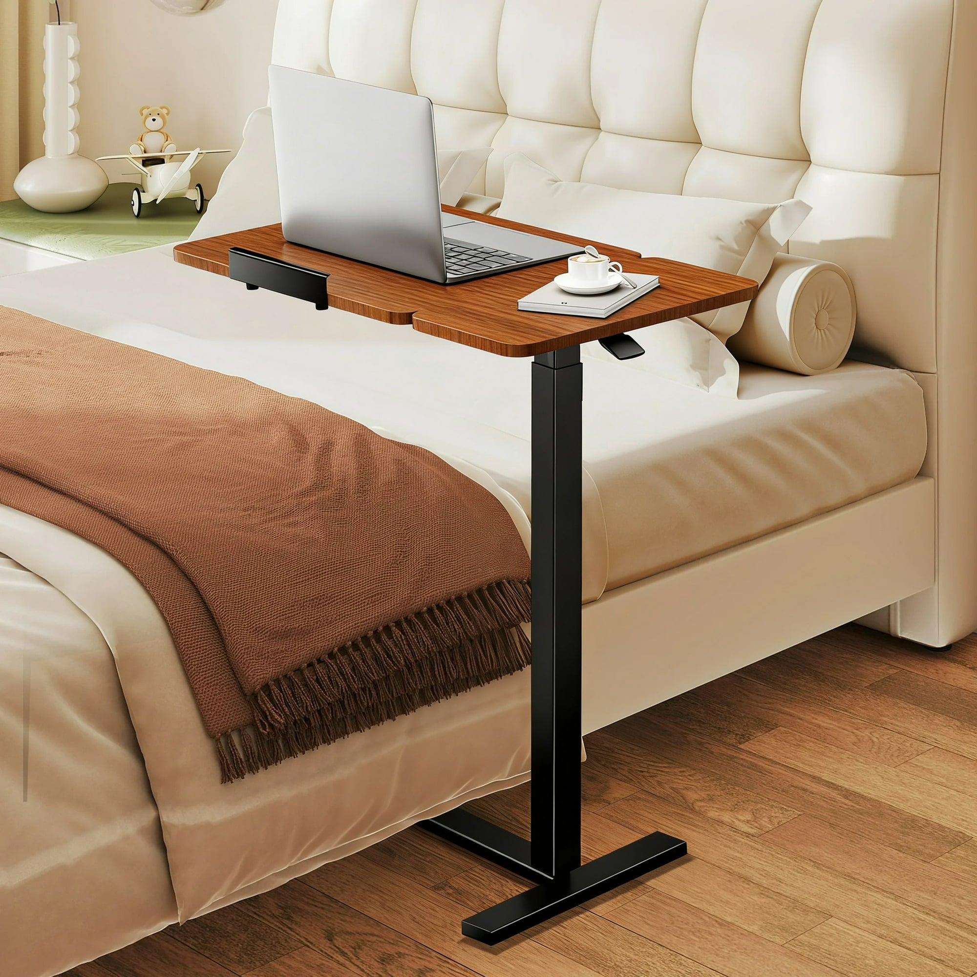JIOABL Adjustable Overbed Bedside Table with Hidden Wheels for Hospital