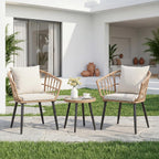 JIOABL Outdoor Bistro Set, Wicker Chairs & Glass Top Table for Patio, Balcony, Porch, Backyard