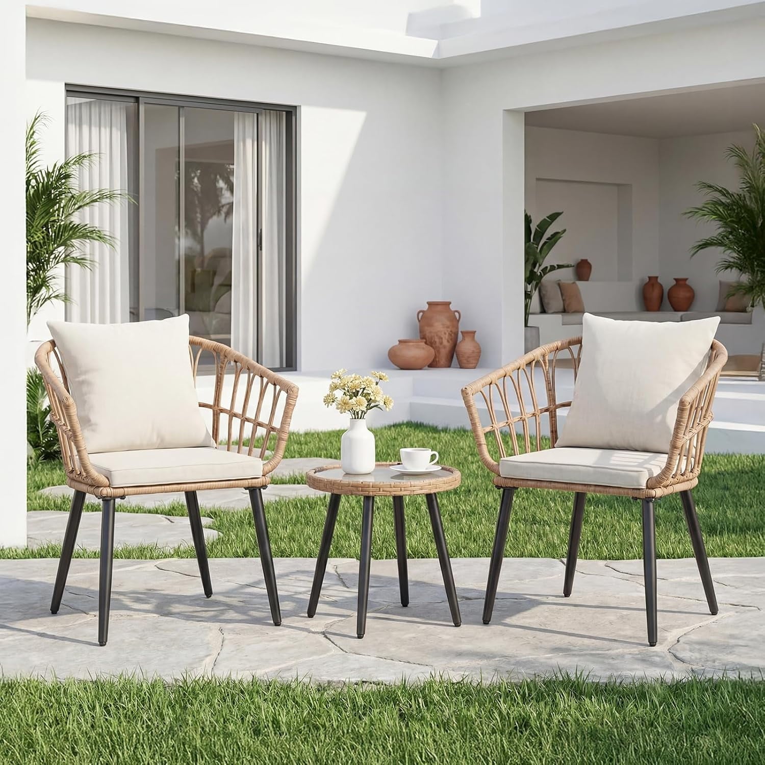 JIOABL Outdoor Bistro Set, Wicker Chairs & Glass Top Table for Patio, Balcony, Porch, Backyard