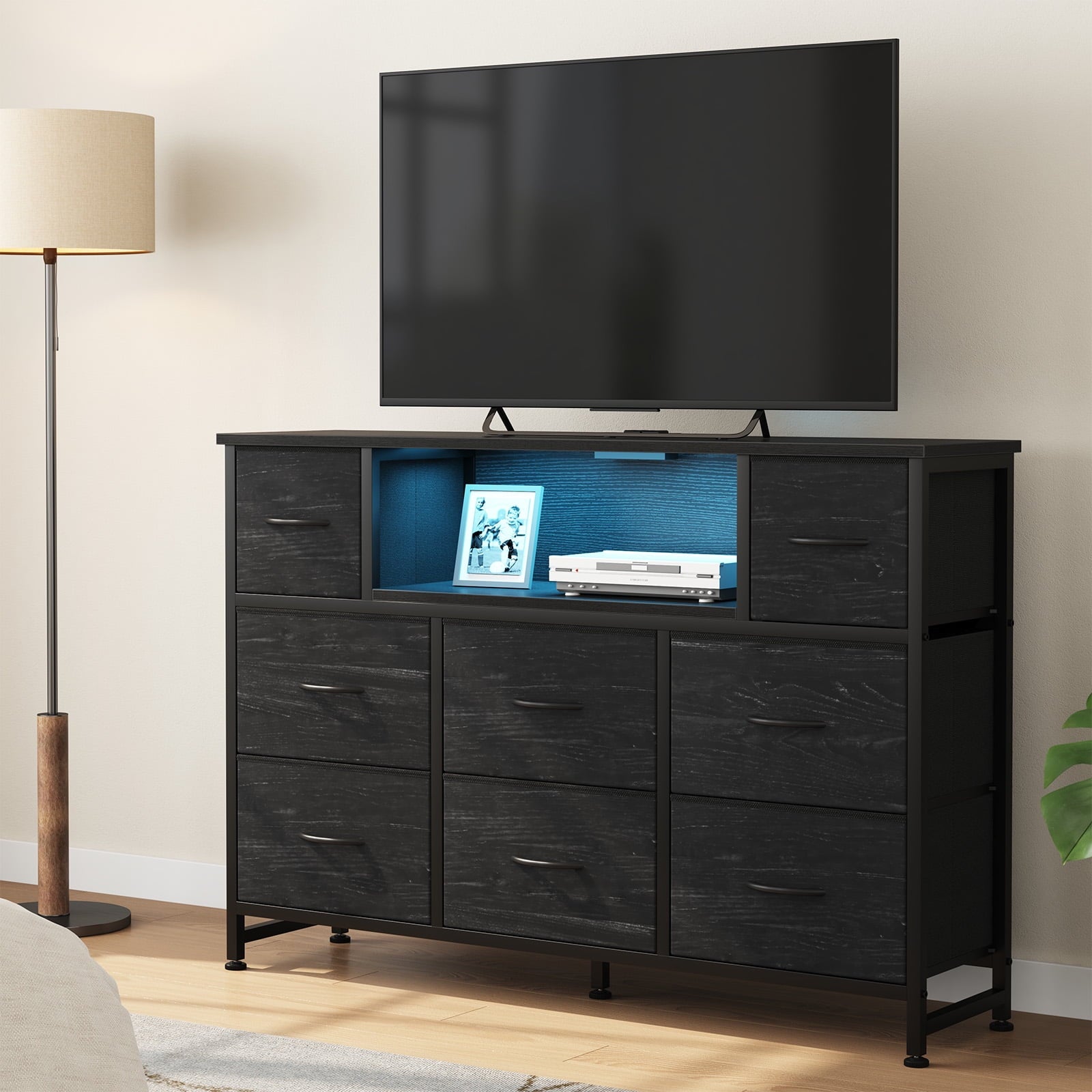 JIOABL TV Stand with 8 Fabric Drawers & Power Outlet, LED TV Console with USB & Type-C, Storage Dresser for Living Room