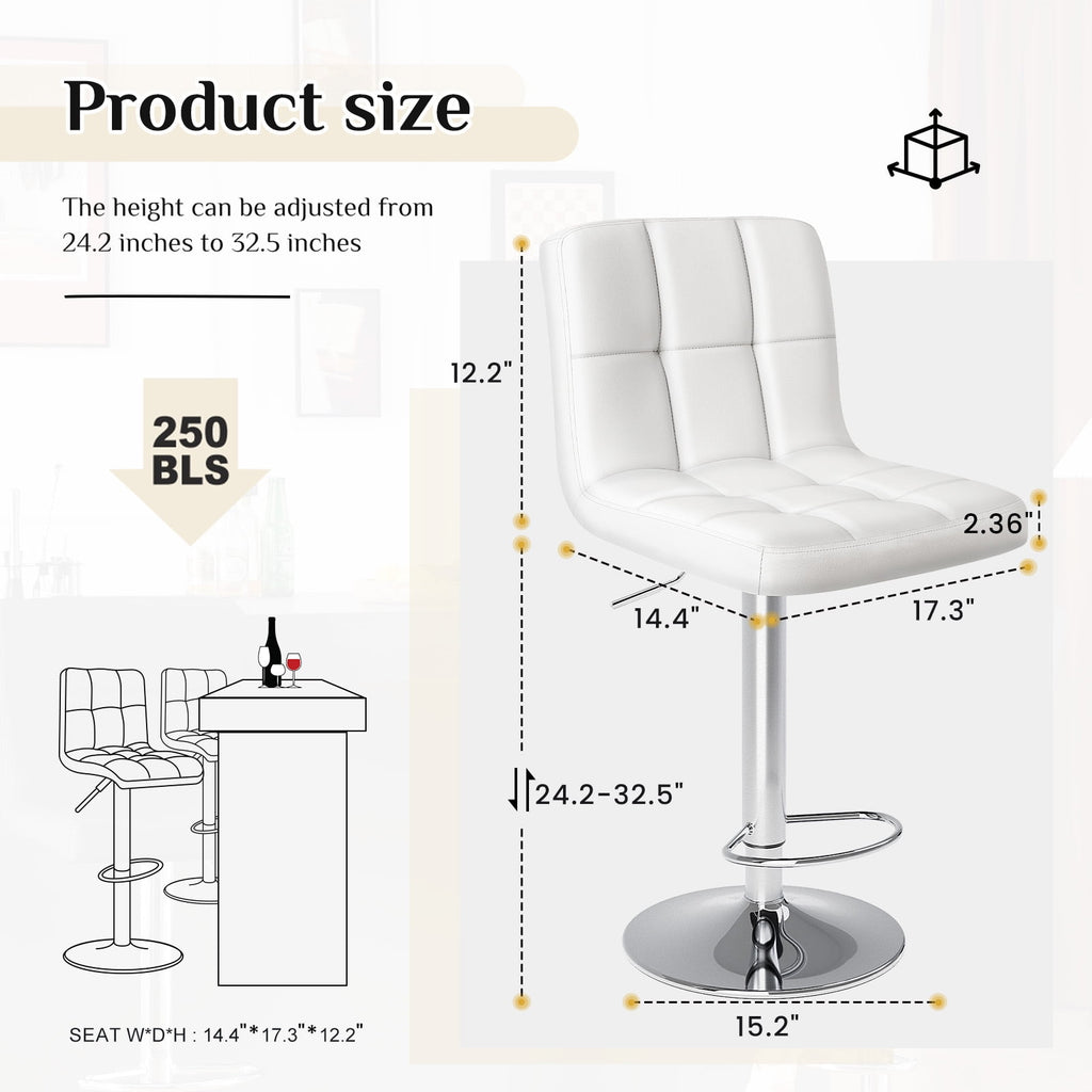 JIOABL Bar Stools, Armless Adjustable Swivel Barstools, PU Leather Hydraulic Kitchen Counter Height Bar Stools, Thickened Seat Cushion Square Island Barstools with Back