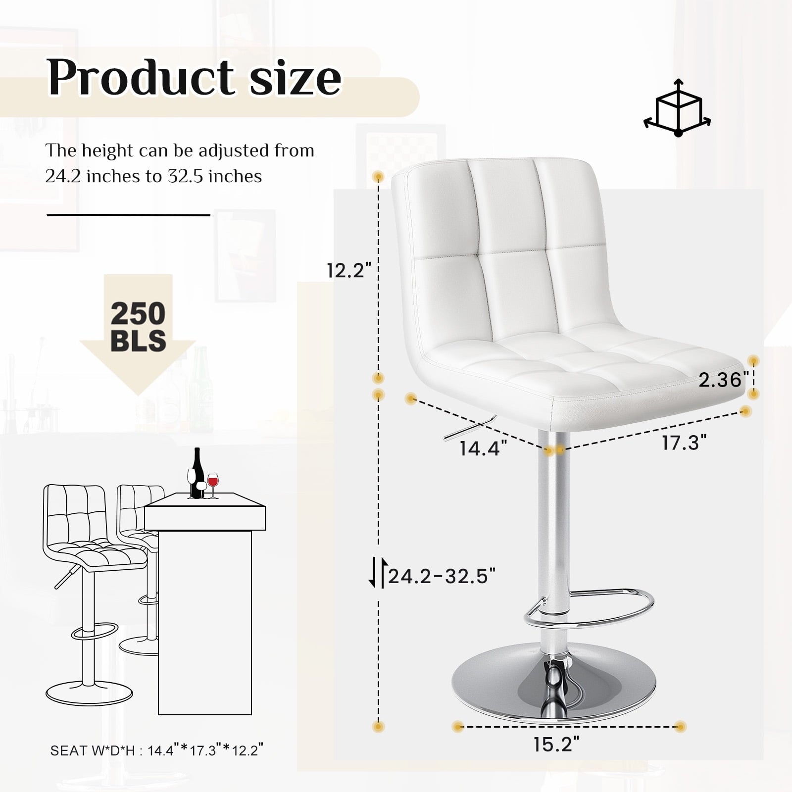 JIOABL Bar Stools, Armless Adjustable Swivel Barstools, PU Leather Hydraulic Kitchen Counter Height Bar Stools, Thickened Seat Cushion Square Island Barstools with Back
