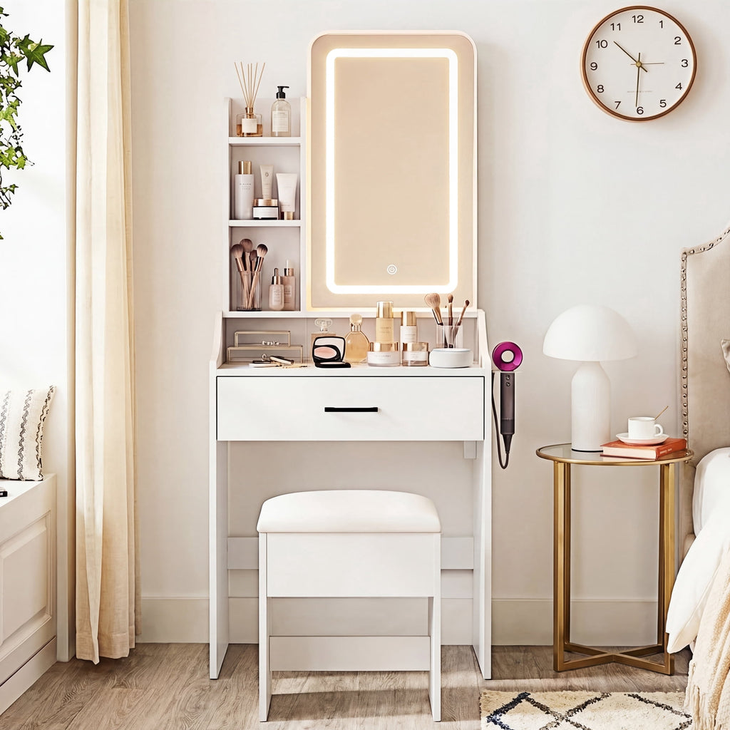 JIOABL 24" Vanity Desk with Mirror, LED Makeup Vanity with 3 Light Modes & Power Outlet, Storage Drawers & Stool, Dressing Table for Bedroom