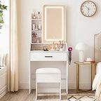 JIOABL 24" Vanity Desk with Mirror, LED Makeup Vanity with 3 Light Modes & Power Outlet, Storage Drawers & Stool, Dressing Table for Bedroom