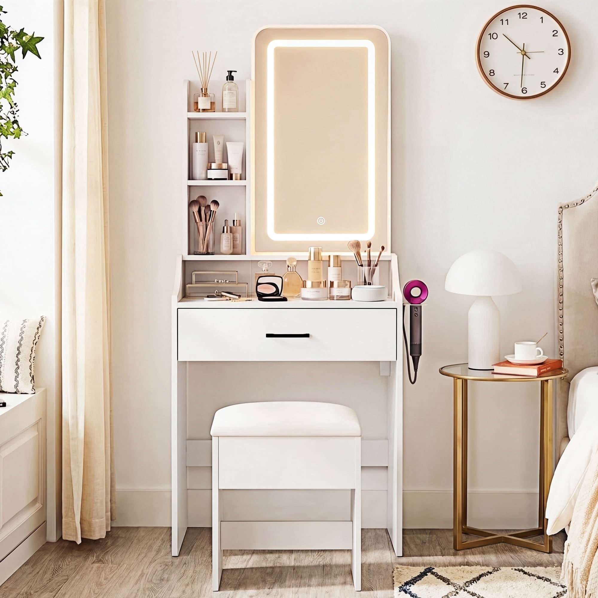 JIOABL 24" Vanity Desk with Mirror, LED Makeup Vanity with 3 Light Modes & Power Outlet, Storage Drawers & Stool, Dressing Table for Bedroom