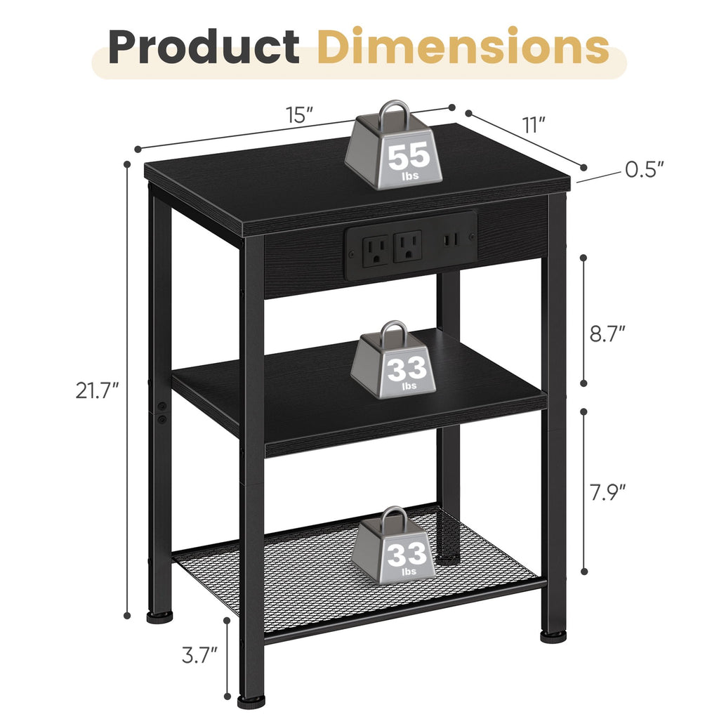 JIOABL 3-Tier Side Table with USB & AC Charging Station, Adjustable Shelves, Multi-Use for Living Room & Bedroom