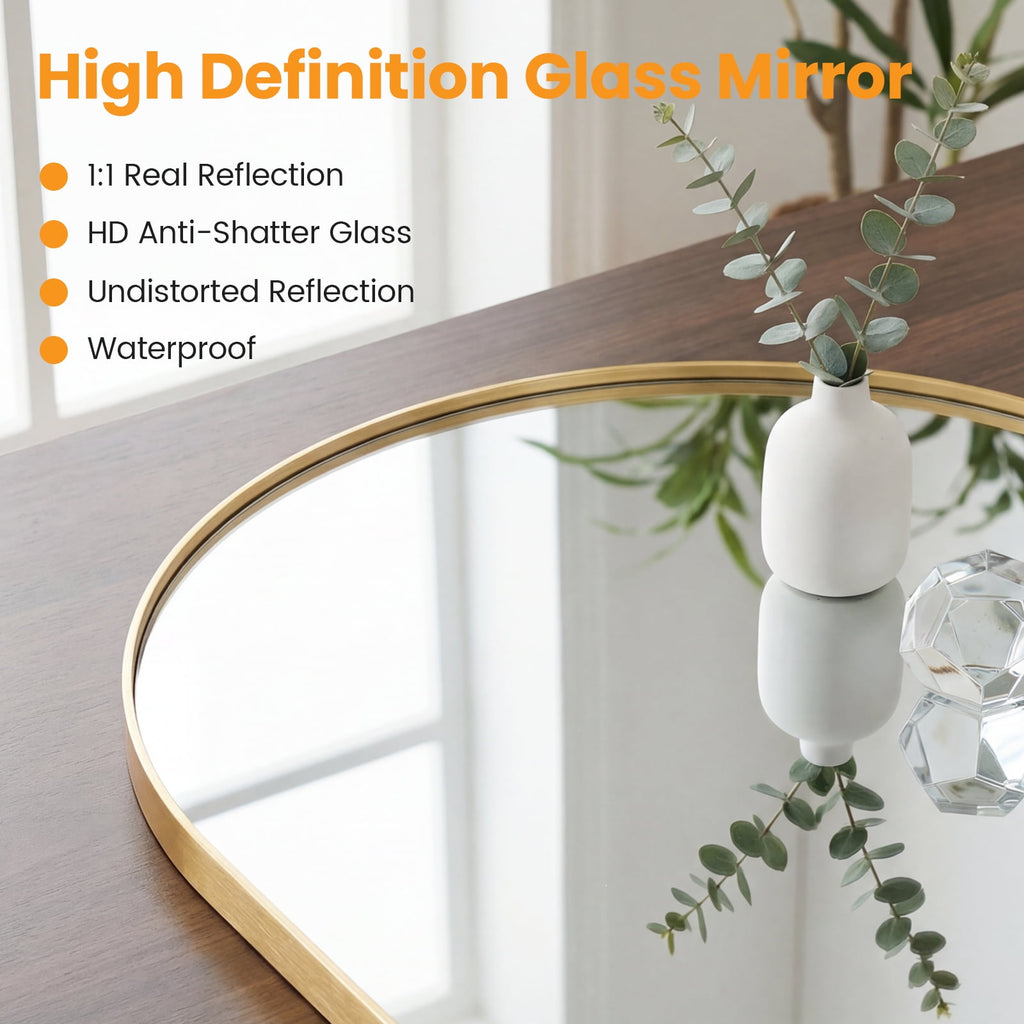 JIOABL Arched-Top Rectangular Wall-Mounted Mirror – Aluminum Frame, HD Tempered Glass, Perfect for Bathroom, Bedroom & Living Room
