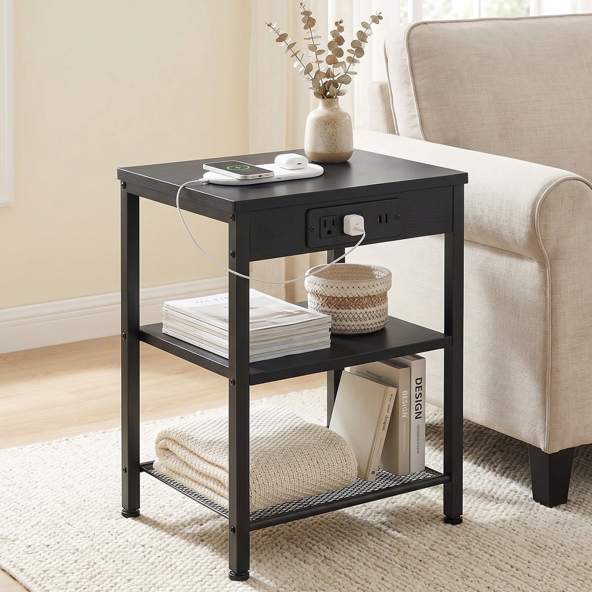 JIOABL 3-Tier Side Table with USB & AC Charging Station, Adjustable Shelves, Multi-Use for Living Room & Bedroom