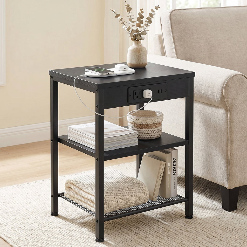 JIOABL 3-Tier Side Table with USB & AC Charging Station, Adjustable Shelves, Multi-Use for Living Room & Bedroom