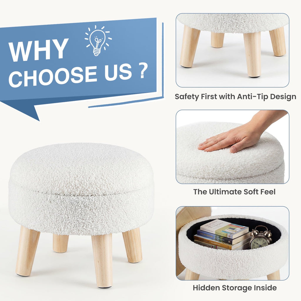 JIOABL Ottoman with Storage, 350lbs Capacity, Soft Teddy Fabric, Round Footrest, Wooden Legs, for Living Room & Bedroom
